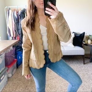 Boston Proper Boho Suede Jacket | laser cut floral pattern, neutral tan leather